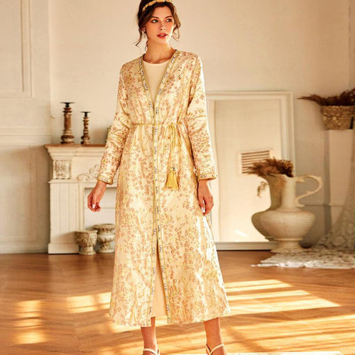 Gold Powder Jacquard Hand-stitched Diamond Cardigan Robe Muslim Jacket Dubai Middle East Women's Clothing Moroccan Party Dress