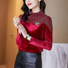 Load image into Gallery viewer, Gold Velvet Stitching Bottoming Shirt New 2021 Spring Long Sleeve Women T-shirt Elegant Slim Mesh Tops Plus Size Tees