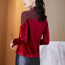 Load image into Gallery viewer, Gold Velvet Stitching Bottoming Shirt New 2021 Spring Long Sleeve Women T-shirt Elegant Slim Mesh Tops Plus Size Tees