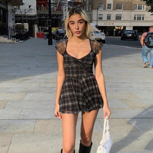 Load image into Gallery viewer, Goth Dark Gothic Plaid Black Lace Up Women Mini Dresses Harajuku Girl Short Sleeve ALine Party Dress Summer Fashion Streetwear
