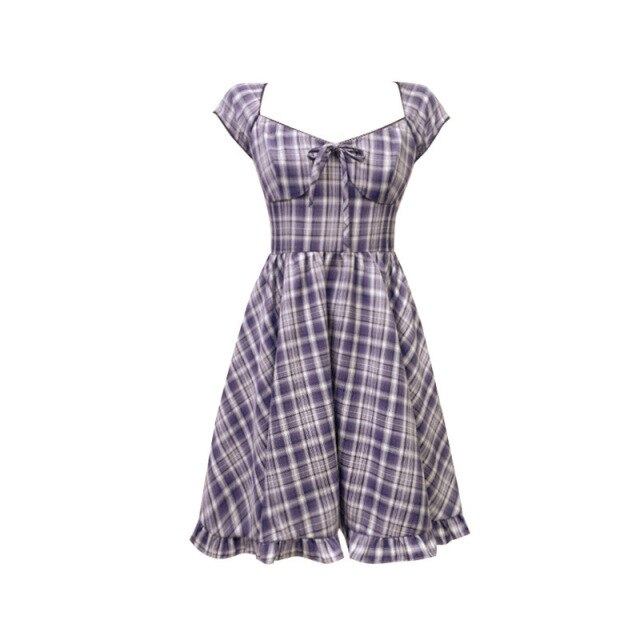 Goth Gothic purple Plaid Black Lace Up Women Mini Dresses Harajuku Short Sleeve ALine Party Dress Summer Fashion Streetwear 2021