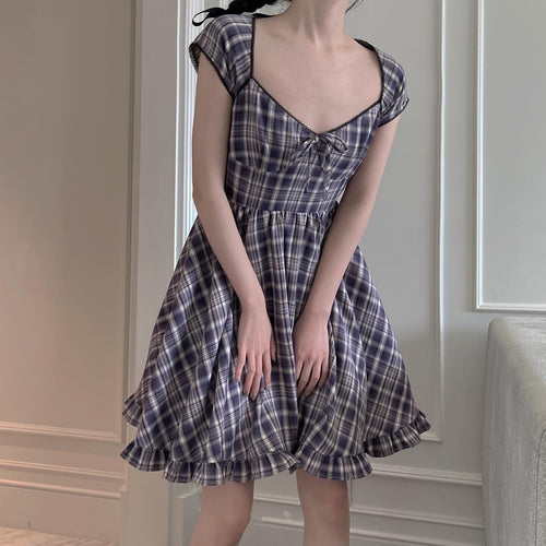 Goth Gothic purple Plaid Black Lace Up Women Mini Dresses Harajuku Short Sleeve ALine Party Dress Summer Fashion Streetwear 2021