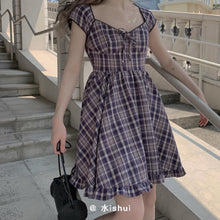 Load image into Gallery viewer, Goth Gothic purple Plaid Black Lace Up Women Mini Dresses Harajuku Short Sleeve ALine Party Dress Summer Fashion Streetwear 2021
