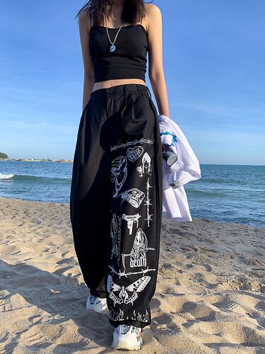 Gothic Harajuku Wide Leg Pants Women Baggy Streetwear Graffiti Black High Waist Trousers For Female Punk Print Oversized