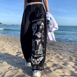 Gothic Harajuku Wide Leg Pants Women Baggy Streetwear Graffiti Black High Waist Trousers For Female Punk Print Oversized