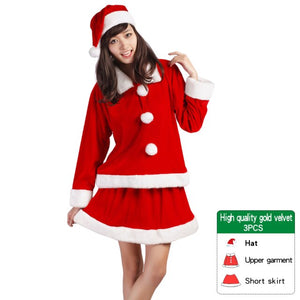 Gown Shawl Winter Christmas Dress Sexy Women Golden Velvet Cape Red Fantasy Santa Claus With Hat for Female Party