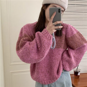 Gradient Color O Neck Loose Sweater Korean Style Chic Long Sleeve Vintage Retro Knitted Pullovers Autumn Winter 2022 Pull Femme