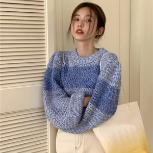 Gradient Color O Neck Loose Sweater Korean Style Chic Long Sleeve Vintage Retro Knitted Pullovers Autumn Winter 2022 Pull Femme