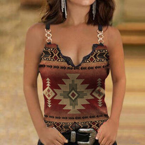 Graphic Print Blouse Women Sexy Lace V-neck Sleeveless Chain Straps Tank Tops Summer Plus Size Casual Loose Shirt haut femme