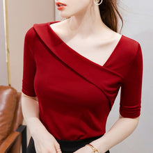 Load image into Gallery viewer, Great Discount Women Slim T Shirts Korean Casual Half Sleeved Oblique Neck Female Top Tees Limited Time / Quantity Red