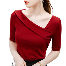 Load image into Gallery viewer, Great Discount Women Slim T Shirts Korean Casual Half Sleeved Oblique Neck Female Top Tees Limited Time / Quantity Red