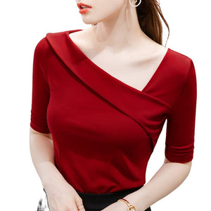 Great Discount Women Slim T Shirts Korean Casual Half Sleeved Oblique Neck Female Top Tees Limited Time / Quantity Red