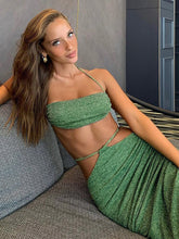 Load image into Gallery viewer, Green Dress Sets Sexy Outfits Set Woman 2 Pieces Backless Crop Top Bandage Skirt Suit Y2K Clothes Beach Streetwear Matching Sets