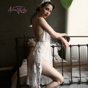 Green Floral Lace Pajamas for Women Transparent Low-Cut Deep V Backless Sleepwear Lingerie Spaghetti Strap with Thongs