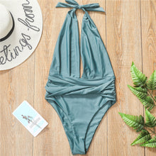 Load image into Gallery viewer, Green High Cut one piece swimsuit female Deep v-neck bikini 2020 Bandage bathing suit monokini swimwear women bathers