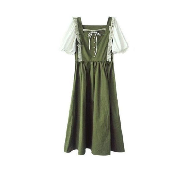 Green Oil Fruit Green Dress Oil Painting Skirt Square Neck Long Skirt Cute Japanese Forest Summer Dress Suit