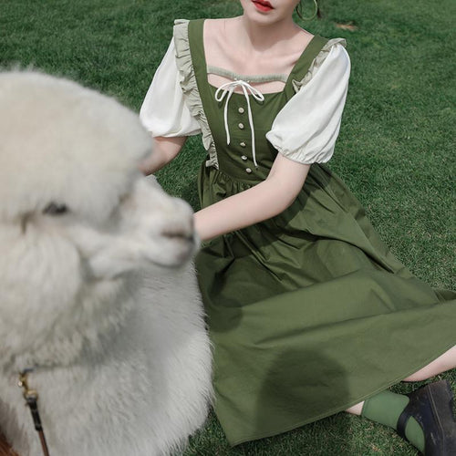 Green Oil Fruit Green Dress Oil Painting Skirt Square Neck Long Skirt Cute Japanese Forest Summer Dress Suit