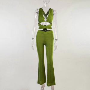 Green Pants Sets 2021 Summer Women Sexy Bandage 2 Two Piece Set Tight Crop Tops High Waist Flared Trousers Suits Outfits