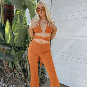 Green Pants Sets 2021 Summer Women Sexy Bandage 2 Two Piece Set Tight Crop Tops High Waist Flared Trousers Suits Outfits