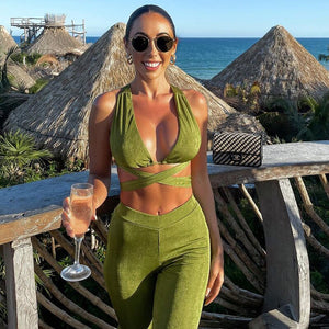 Green Pants Sets 2021 Summer Women Sexy Bandage 2 Two Piece Set Tight Crop Tops High Waist Flared Trousers Suits Outfits