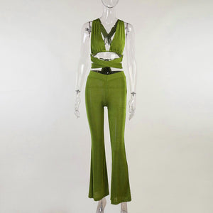 Green Pants Sets 2021 Summer Women Sexy Bandage 2 Two Piece Set Tight Crop Tops High Waist Flared Trousers Suits Outfits