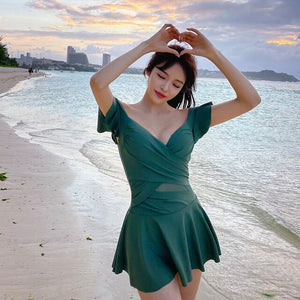 Green Sexy Deep V Wrap Chest One piece Swimwear Vintage Flounce Straps Sport Monokini Korea Style Beach Bathing Suits