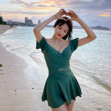 Load image into Gallery viewer, Green Sexy Deep V Wrap Chest One piece Swimwear Vintage Flounce Straps Sport Monokini Korea Style Beach Bathing Suits