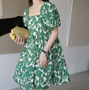 Green Vintage Boho Dresses Women Elegant Kawaii Short Sleeve Sweet Floral Dresses Women Casual Loose Party Dress Summer 2021
