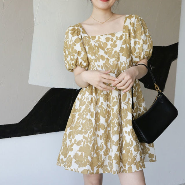 Green Vintage Boho Dresses Women Elegant Kawaii Short Sleeve Sweet Floral Dresses Women Casual Loose Party Dress Summer 2021