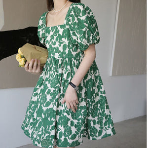 Green Vintage Boho Dresses Women Elegant Kawaii Short Sleeve Sweet Floral Dresses Women Casual Loose Party Dress Summer 2021