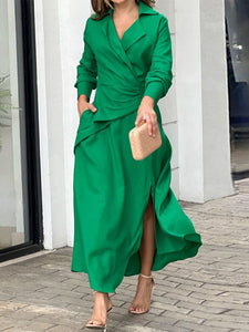 Green Women Dress Elegant Spring Summer Long Sleeve V Neck Party Dresses with Slit Pleated Beach A-LINE Maxi Dress for Women