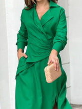 Load image into Gallery viewer, Green Women Dress Elegant Spring Summer Long Sleeve V Neck Party Dresses with Slit Pleated Beach A-LINE Maxi Dress for Women