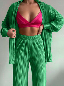 Green Women&#39;s Shirt Pleated Two Piece Set Loose High Waist Wide Leg Pants Suit 2022 Casual Elegant Office Ladies Female Outfits