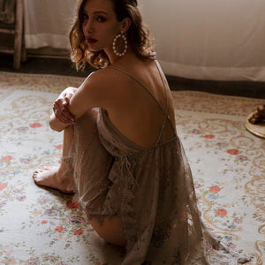 Grey Floral Hollowed Out Lace Nightdress Womens Nightgown Sleepwear Lingerie Dress Spaghetti Strap Sleeping Dress with Thongs