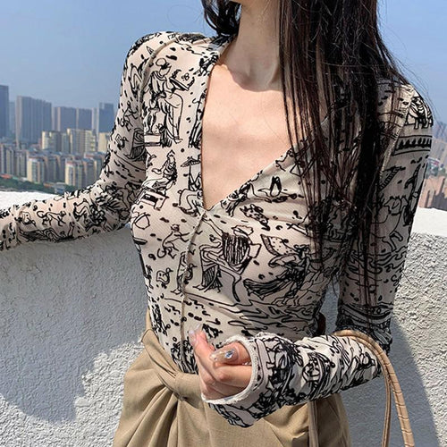 Grunge Sexy V Neck Pattern Printing Women T-shirt Y2k Vintage Long Sleeve Slim Tees Club Wear 2022 Spring New Female Crop Top