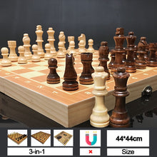Load image into Gallery viewer, Chesse International Chess Game Super Checkers 3 in 1 Chess Wooden Travel Chess Set Folding Chessboard Backgammon