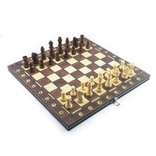 Load image into Gallery viewer, Chesse International Chess Game Super Checkers 3 in 1 Chess Wooden Travel Chess Set Folding Chessboard Backgammon