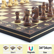 Load image into Gallery viewer, Chesse International Chess Game Super Checkers 3 in 1 Chess Wooden Travel Chess Set Folding Chessboard Backgammon
