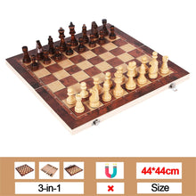 Load image into Gallery viewer, Chesse International Chess Game Super Checkers 3 in 1 Chess Wooden Travel Chess Set Folding Chessboard Backgammon