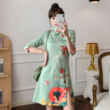 Load image into Gallery viewer, Half Sleeve Suede Improved Cheongsam Women Stand Collar Vintage Floral Print Slim Split Fork Chinese Style Mini Dress Female