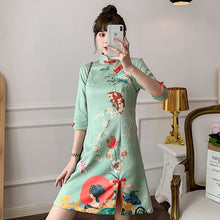 Load image into Gallery viewer, Half Sleeve Suede Improved Cheongsam Women Stand Collar Vintage Floral Print Slim Split Fork Chinese Style Mini Dress Female