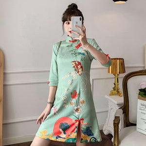 Half Sleeve Suede Improved Cheongsam Women Stand Collar Vintage Floral Print Slim Split Fork Chinese Style Mini Dress Female