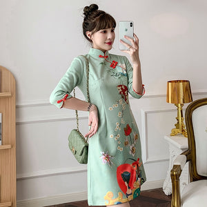 Half Sleeve Suede Improved Cheongsam Women Stand Collar Vintage Floral Print Slim Split Fork Chinese Style Mini Dress Female