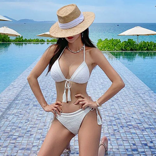 Halter Lace Up Biquinis White Two Piece Swimsuit Push Up Padded Swimwear Low Waist Bandage Bathing Suit Korea Style Bikini Set