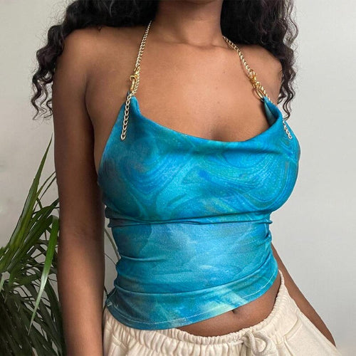 Halter Print Tank Tops for Women Skinny Wrapped Chest 2022 New Strapless Shiny Chain Decoration Vest Streetwear Female Clothing