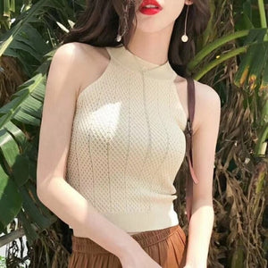 Halter Top Ladies Tee Top Streetwear Knitted Round Neck Women T-Shirt Sexy Sleeveless Camisole CropTop Woman T Shirt Tank