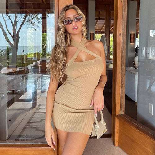 Halterneck Cross Sexy Mini Dresses Women Sleeveless bodycon Party Backless Dress 2021 Summer Wrap Tight Robe Casual Streetwear