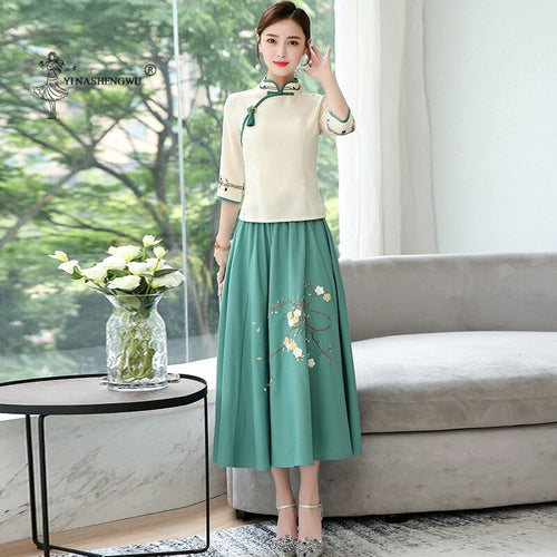 Hanfu New Ancient Style Chinese Style Embroidery Women's Two-Piece Suit Improved Cheongsam Stand Collar Soft Skin-Friendly Dress