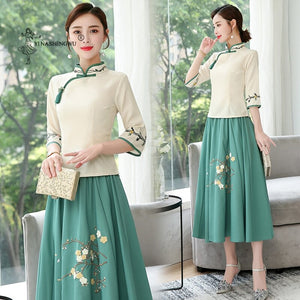 Hanfu New Ancient Style Chinese Style Embroidery Women's Two-Piece Suit Improved Cheongsam Stand Collar Soft Skin-Friendly Dress