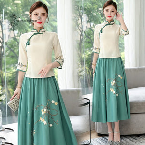 Hanfu New Ancient Style Chinese Style Embroidery Women's Two-Piece Suit Improved Cheongsam Stand Collar Soft Skin-Friendly Dress